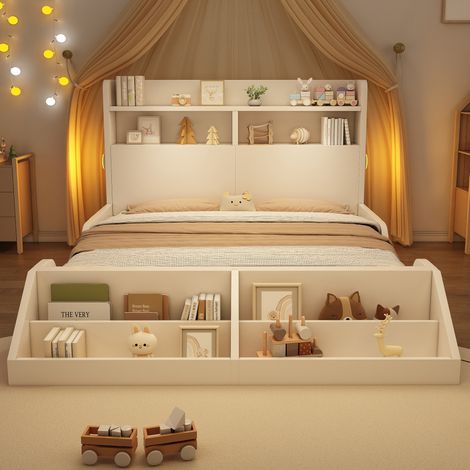 Letto matrimoniale 140x200 cm con mensole, luci notturne removibili e rete a doghe bianco OKWISH (1/5)