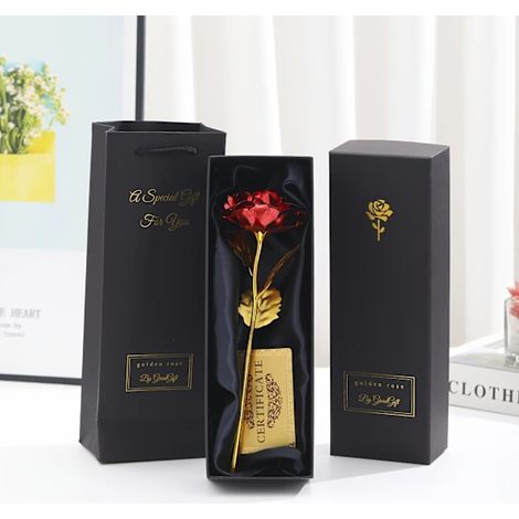 Coffret cadeau avec rose dorée à chaud, cadeau pour la fête des mères ou un anniversaire, coffret cadeau de roses artificielles pour une amie, fleurs rouges, boîte noire-AquaForge (1/2)