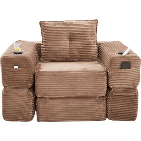 Canapé convertible en velours côtelé rayé avec mousse haute densité et ressorts, poches latérales et porte-gobelet, pour salon et appartement (1/5)