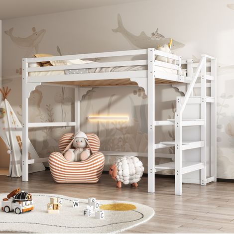 Hochbett 140x200 cm Weiß aus Kiefernholz mit Kleiderschrank, Stauraum und Treppe (1/5)