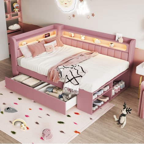 Cama tapizada 90x200 cm con iluminación LED, puerto USB, dos cajones y armario zapatero, MDF, contrachapado, rosa (1/5)