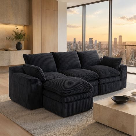 Divano modulare 3 posti in corduroy nero con pouf, cuscini e tasche laterali (1/5)