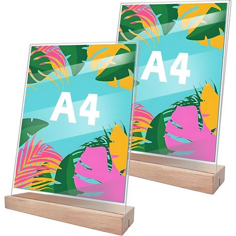 2 Porte-Affiches A4 Transparent avec Base en Bois, Support en Plexiglas pour Bureaux, Restaurants, Magasins, Hôtels, Comptoirs (1/5)