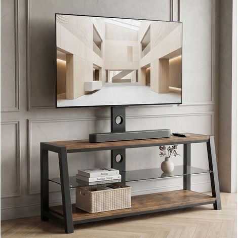 REDOM - Mobile TV 116x42x125 cm, supporto girevole e regolabile in altezza, 3 ripiani, MDF e metallo marrone (1/5)