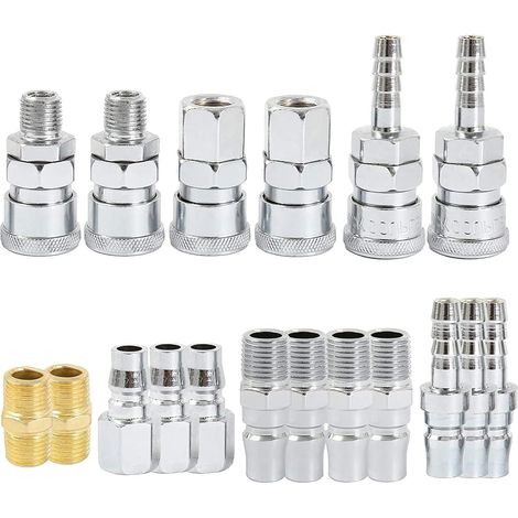 Raccords de Compresseur 1/4" BSP Raccord Rapide Pneumatiqu Coupleur Pneumatique d'air Kit Accessoire Tuyau Air Comprimé du Connecteur Homme Femme (18 Pièces) - (1/5)