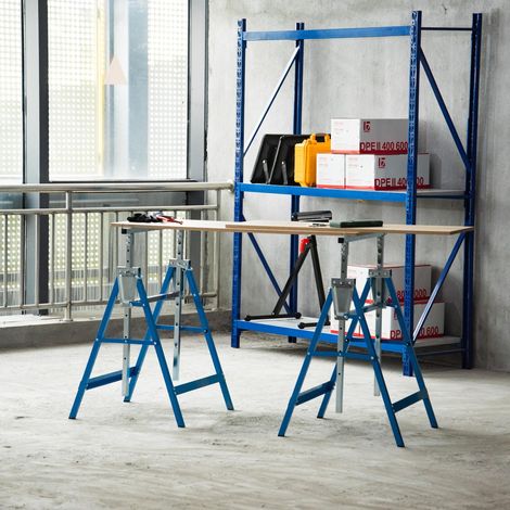 Ensemble de 2 tréteaux pliables charge maximale 200 kg, hauteur réglable 80-130 cm, tréteaux télescopiques gain de place en acier pour bricolage, garage et jardin, bleu (1/5)