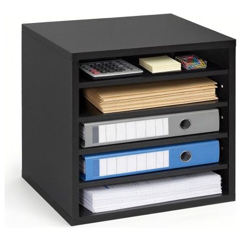 Estante de Almacenamiento de Documentos 5 Compartimentos, Organizador de Archivos de Madera 35,5 x 30,5 x 33 cm, Clasificador de Literatura con Estantes Ajustables para Oficina, Aulas, Negro (1/5)