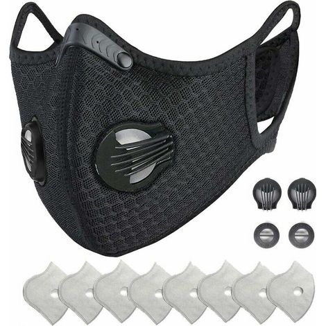 Masque de protection Face de poussière réutilisable, protecteur sportif M avec filtre à charbon actif et valves/ pour la moto, le cyclisme, la course à pied et les activités de plein air（1 noir + 8 fi