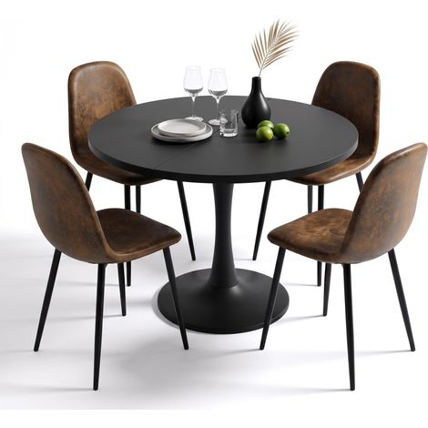 FurnitureR 5-Piece Dining Set, 100-140CM Black Extendable Oval Table & 4 Brown Suede Chairs (1/5)