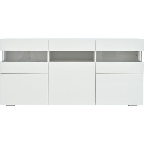 Buffet blanc 140 cm avec 3 portes, LED, acrylique et 7 compartiments (1/5)