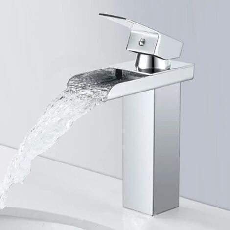 Robinet mitigeur de lavabo à effet cascade, en acier inoxydable, design concave effet cascade, mitigeur monocommande (1/5)