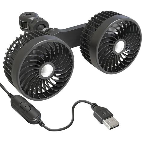 Ventilatore per auto a doppia ventola, interfaccia USB, tre velocità, motore silenzioso, rotazione a 360°, flusso d'aria potente.