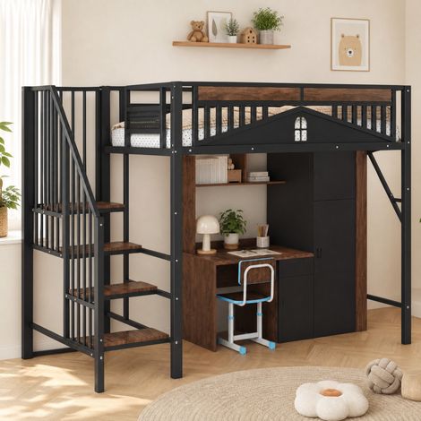 Metall Hochbett 255x95x170 cm, Sicherheitssteigleiter mit Stauraum, Fensterdesign, Metall und Holz, Schwarz (1/5)