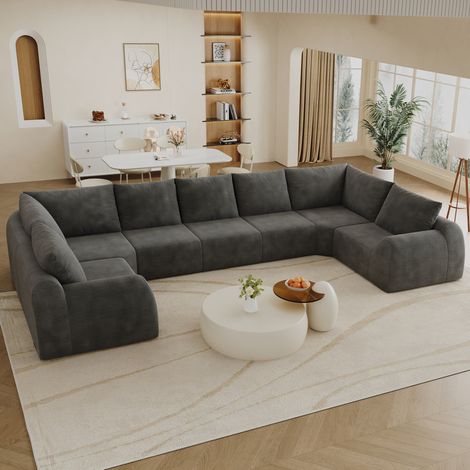 Canapé en U 411x200x85 cm en chenille, rembourrage mousse, sans montage, gris foncé REDOM (1/5)