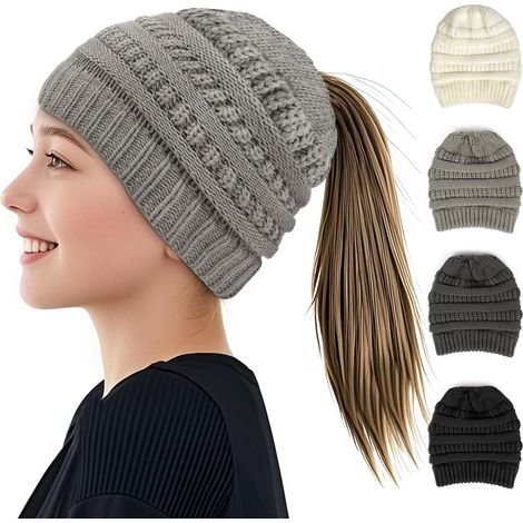 Wintermütze mit Pferdemotiv für Damen, Strickmütze für Zopf, Mütze für lockeren Dutt, warme Unisex-Mütze für Hochsteckfrisuren