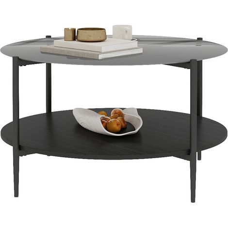 Table basse ronde avec plateau en verre noir fumé et rangement bois noir, diamètre 82 cm (1/5)