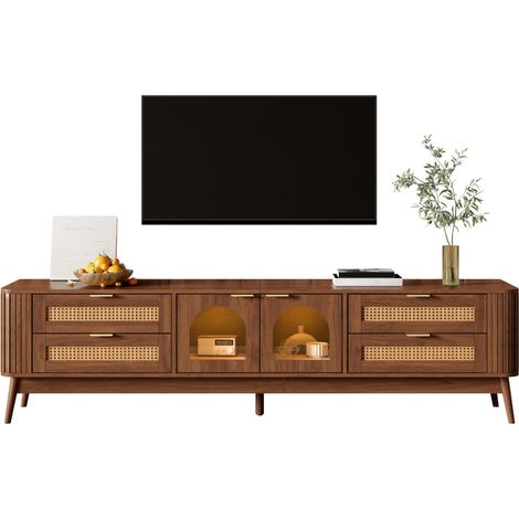 Meuble TV buffet vitres courbes trempées LED pilotable app 4 tiroirs aggloméré 180x40x50cm meuble rangement salon, noyer (1/5)