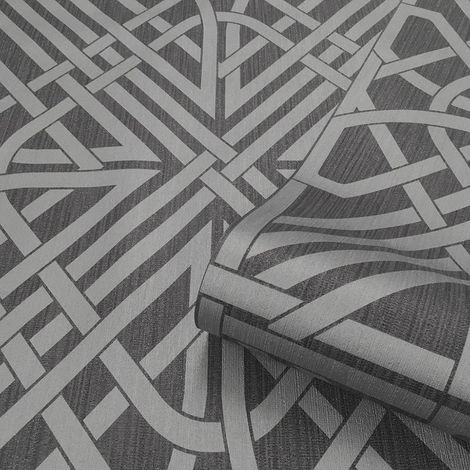 Oria Link Charcoal Silver Luxury Vinyl Glitter Textured Patterned Wallpaper (1/2)