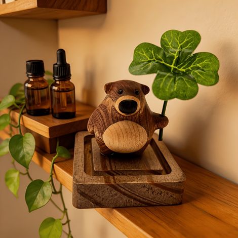 Diffuseur d'huiles essentielles en bois de noyer naturel, ours 3D à trèfle à quatre feuilles, décoration aromathérapie pour voiture, sans flamme, sans source parfumée, 3 pièces (1 ours + 1 socle + 1 t