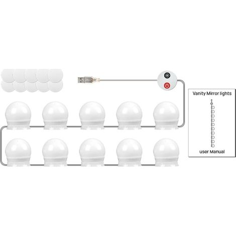 Lumières de Vanité à LED pour Miroir USB Lumières de Vanité avec 10 Ampoules Réglables 3 Couleurs de Miroir de Maquillage Miroir Might Bulb