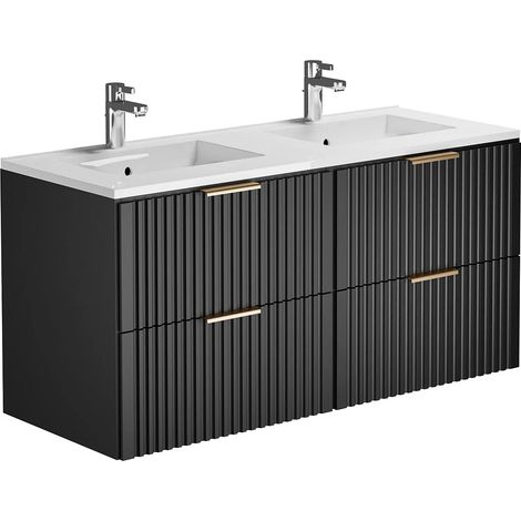 Vente-Unique – Meuble de salle de bain suspendu strié avec vasque à encastrer – Noir – 120 cm – 2 tiroirs soft close – Mdf éco-responsable (1/5)