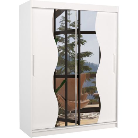 Les Tendances – Armoire blanche 2 portes coulissantes avec miroir – Largeur 150 cm – Hauteur 200 cm – Panneau laminé blanc mat – Penderie et étagères réglables (1/5)