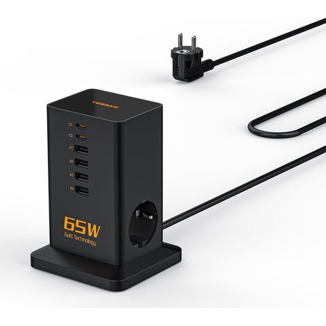 Bloc Chargeur USB C Multiple, PD 65W Chargeur Rapide GaN avec 6 Ports (4 A et 2 C) et 2 Prises, Prise USB Secteur, Station de Charge avec câble 2m pour Le Bureau et Les Voyages (1/5)