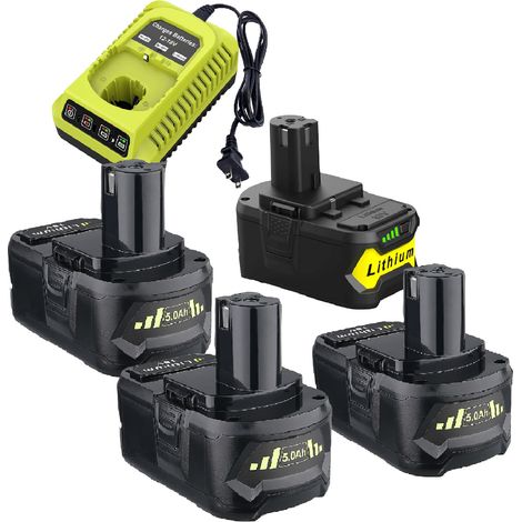 4er-Pack Ryobi 18 V P108 18 V 5,0 Ah Ersatzakku und Ladegerät-Set, für ONE+ 18 V Lithium-Akku P104 P105 P102 P103 P107 P108, mit P117 P118 Schnellladegerät für Ryobi-Akku (1/5)