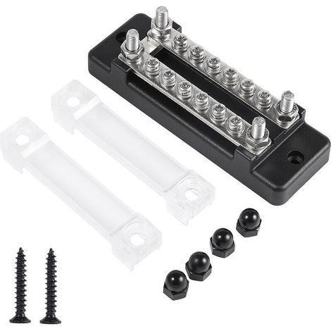 pair Bornier a double rangees 6 positions 130A/150A Bloc de barre omnibus et couvercle pour bornier de distribution d'energie marine de bateau de voiture 12 vis + 4 goujons, modele: noir (1/5)