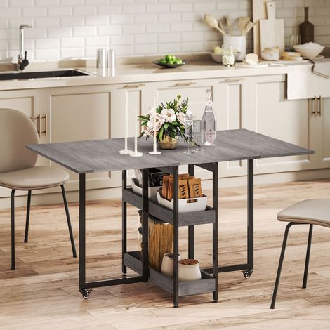 Klappbarer Esstisch, klappbarer Küchentisch mit Rollen für 4 Personen, platzsparender Klapptisch mit 2 offenen Ablagen, ideal für Wohnzimmer und Büro, 133,4 x 80 x 75 cm, Grau