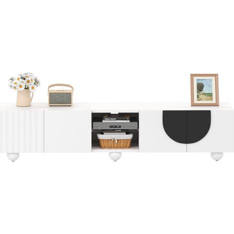 Meuble TV bas blanc et noir 180 cm avec rangements fermés, niche centrale ouverte, ouverture push-to-open, pieds arrondis, design moderne pour salon contemporain - CHICFURN (1/5)