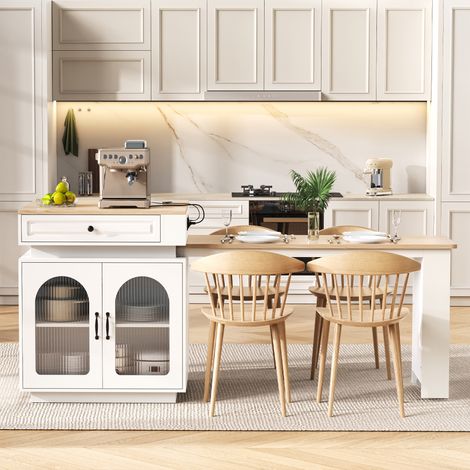 Îlot de cuisine sur roulettes 128-200x71x92cm avec table extensible 2 à 4 places,LED,USB/USB-C et rangements,MDF blanc et effet bois (1/5)