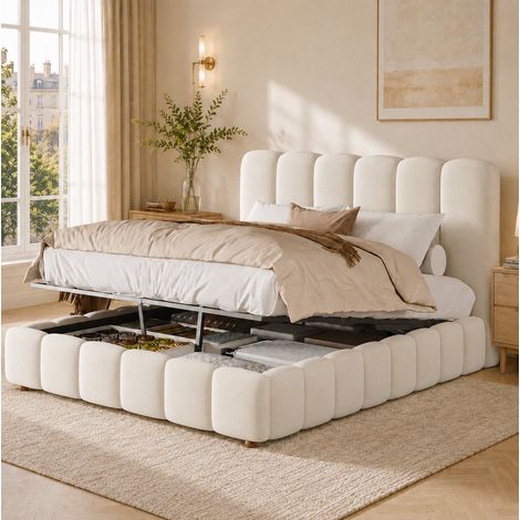 Lit coffre adulte en velours 140x190 cm hydraulique, tête de lit rembourrée, sommier à lattes et tête de lit, beige (1/5)