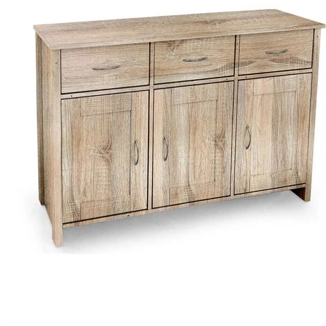 Buffet moderne en chêne effet, 115 x 35 x 80 cm, 3 tiroirs et 3 compartiments