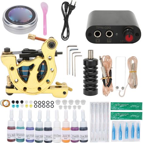 Kit machine à tatouer bobine, bloc d’alimentation 90-265V fiche UE, pédale, aiguilles de tatouage, kit débutant pour pratique. (1/5)