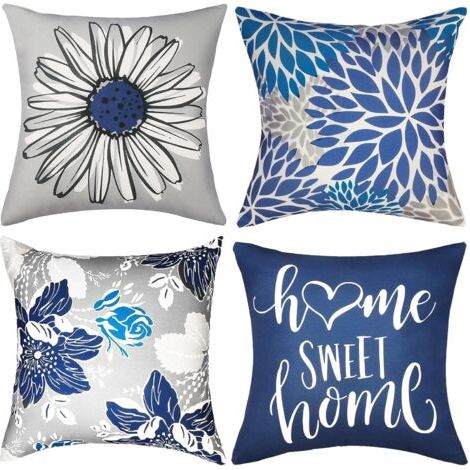 Lot de 4 housses de coussin décoratives bleues 45,7 x 45,7 cm, carrées en lin, style ferme, extérieur, moderne, bohème (1/5)