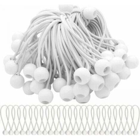 Paquet de 50 tendeurs élastiques blancs de 150mm, cordon élastique avec boule, boules élastiques extensibles pour chapiteaux, tentes, bannières et bâches