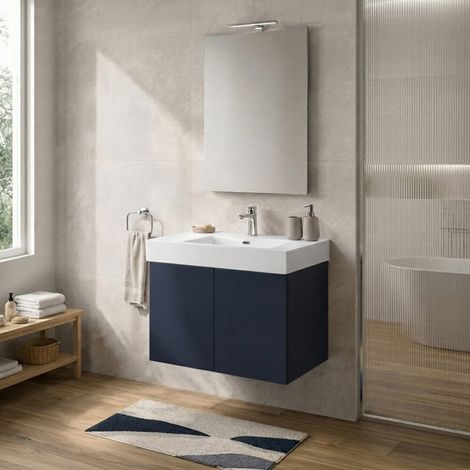 Mobile bagno sospeso 70 cm blu con due ante e lavabo in resina Tierra (1/5)