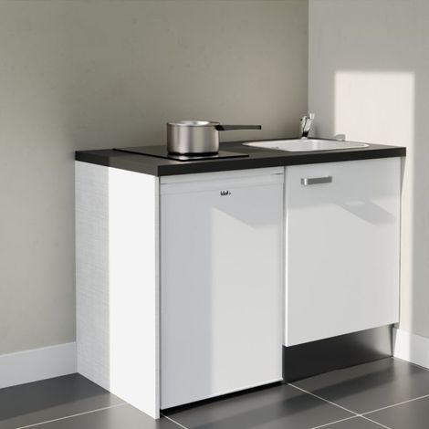 Kitchenette K08L-PT - 120 cm - plan stratifié, évier inox, - Façade Blanc - Plan Noir texturé - Evier Inox - Crédences Non + Electroménager inclus coloris Blanc (1/5)