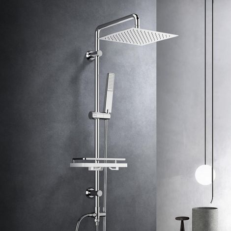 Görbach Colonne de douche chromée adaptable aux installations existantes, douche pluie carrée 25 x 25 cm avec tablette intégrée (1/5)