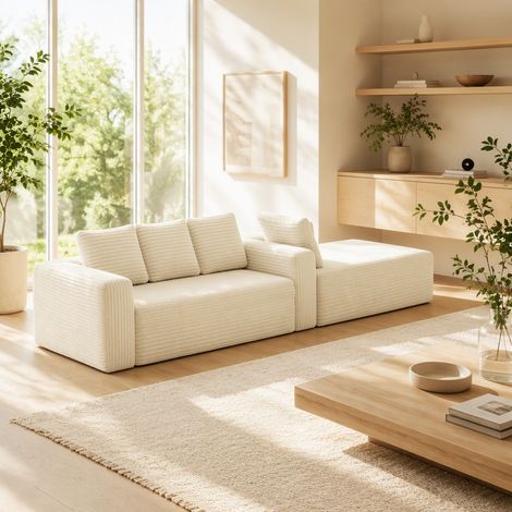 Divano angolare modulare in velluto a coste beige con chaise longue, senza montaggio DESVIAE (1/5)