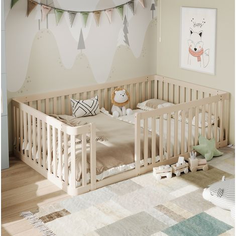 Letto per bambini in legno massello di pino, colore crema, 90x200 cm, con sponda di sicurezza. (1/5)