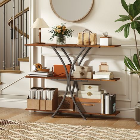 Table console Canapé marron avec 2 étagères ouvertes et cadre métallique en X de style industriel rustique