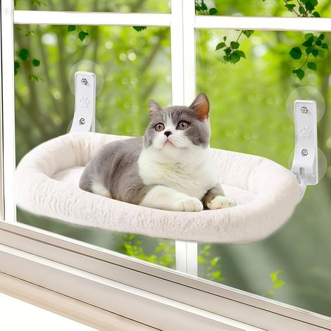 Cordless Hamac pour chat, chaise longue avec ventouses et rembourrage en tissu double face amovible, pliable, pour chat, fenêtre, perche, jusqu'à 15 kg, pour fenêtre et mur, 30 x 52 cm, blanc (1/5)