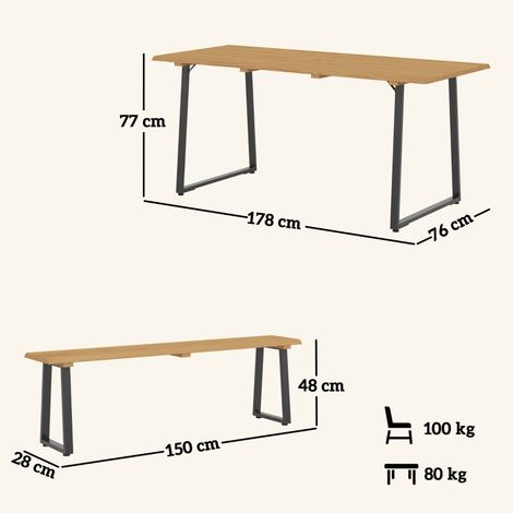 Ensemble de salle à manger en bois 3 pièces pour 6 personnes. Table et 2 bancs avec trou pour parapluie,dimensions 178×76×77 cm bois naturel. (1/5)
