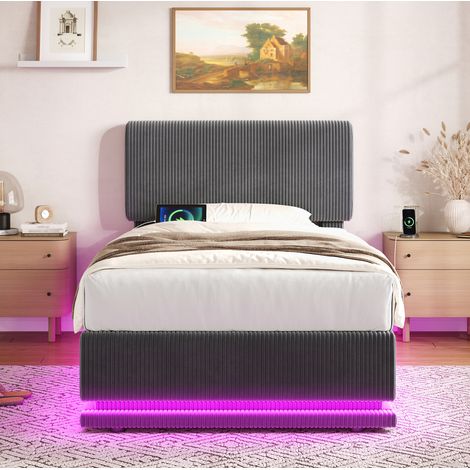 Cama con LED y USB-C tapizada en cordón gris oscuro OKMYHOME (1/5)