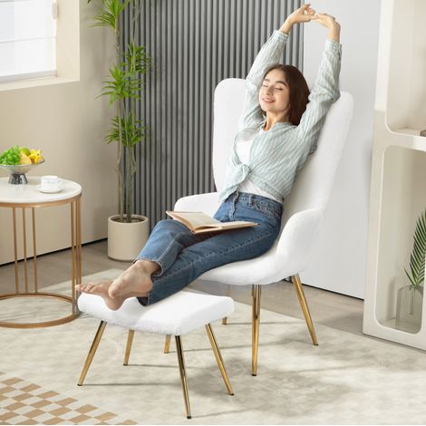 Sillón relax con reposapiés de poliéster blanco, patas de acero, 73 x 68 x 111 cm (1/5)