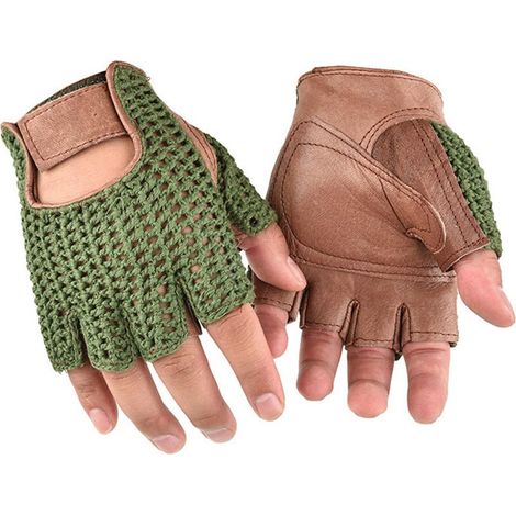 Gants de fitness sans doigts en maille verte et cuir marron, respirants et anti-dérapants, pour musculation et haltérophilie (1/3)