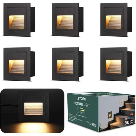 Eclairage Escalier 3W 300lm - 6 Pièces, 3000K Luminaire LED, 85x85mm, IP65 Applique Encastrée, 230V Luminaire D'escalier pour Escalier Mural, Douilles Encastrées 68mm, Aluminium Noir (1/5)