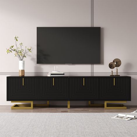 Meuble TV bas 160x38x44.5 cm, buffet de salon design moderne avec 4 portes texturées , en bois de particules et pieds en métal doré, Noir (1/5)